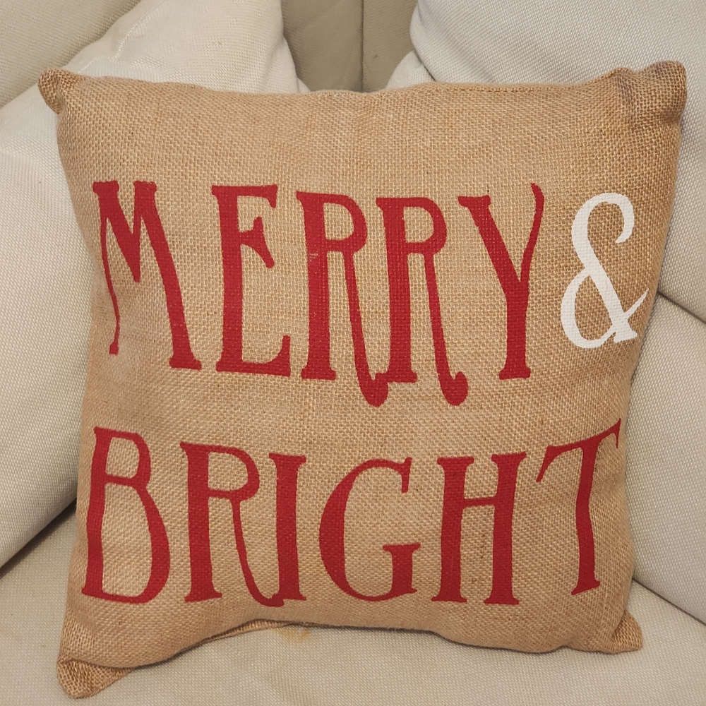 Festive Burlap Pillow - Merry & Bright in Red